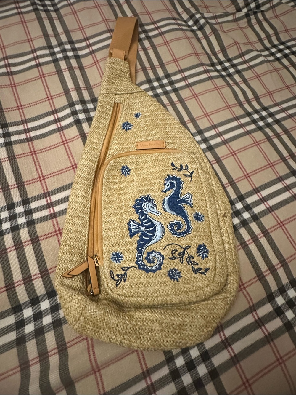Vera Bradley Beige Crossbody Sling Bag with Blue Seahorse Embroidery